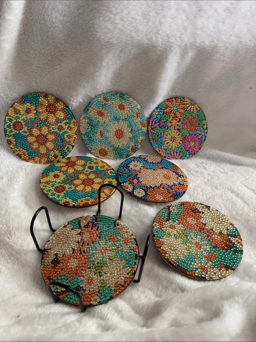 Handmade Beaded Floral Coaster Set  - Turquoise & Multicolor